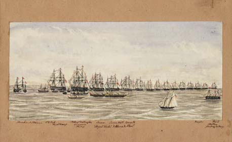 The fleet assembled at Spithead for a ‘Grand Naval Review’ on St George’s Day 1856, in a watercolour sketch by Lieutenant Henry Grant