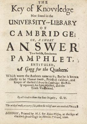 A pamphlet from one of the many religious controversies of the seventeenth century, appearing to cast doubt on the usefulness of this Library