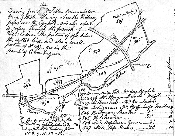 loose sketch plan showing where railway passes through Earls Colne