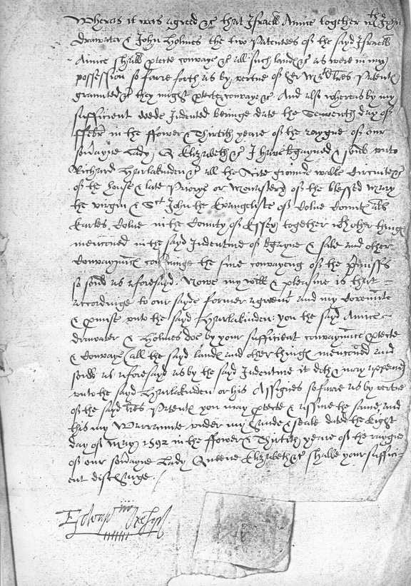 Agreement for sale of Colne Priory, 1592